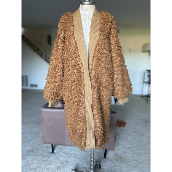 FREE PEOPLE Long Faux Mongolian Fur Cardigan Sweater Coat Coatigan Size S Shag - Picture 2 of 16